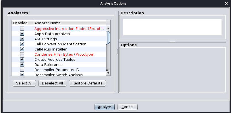 Analysis options