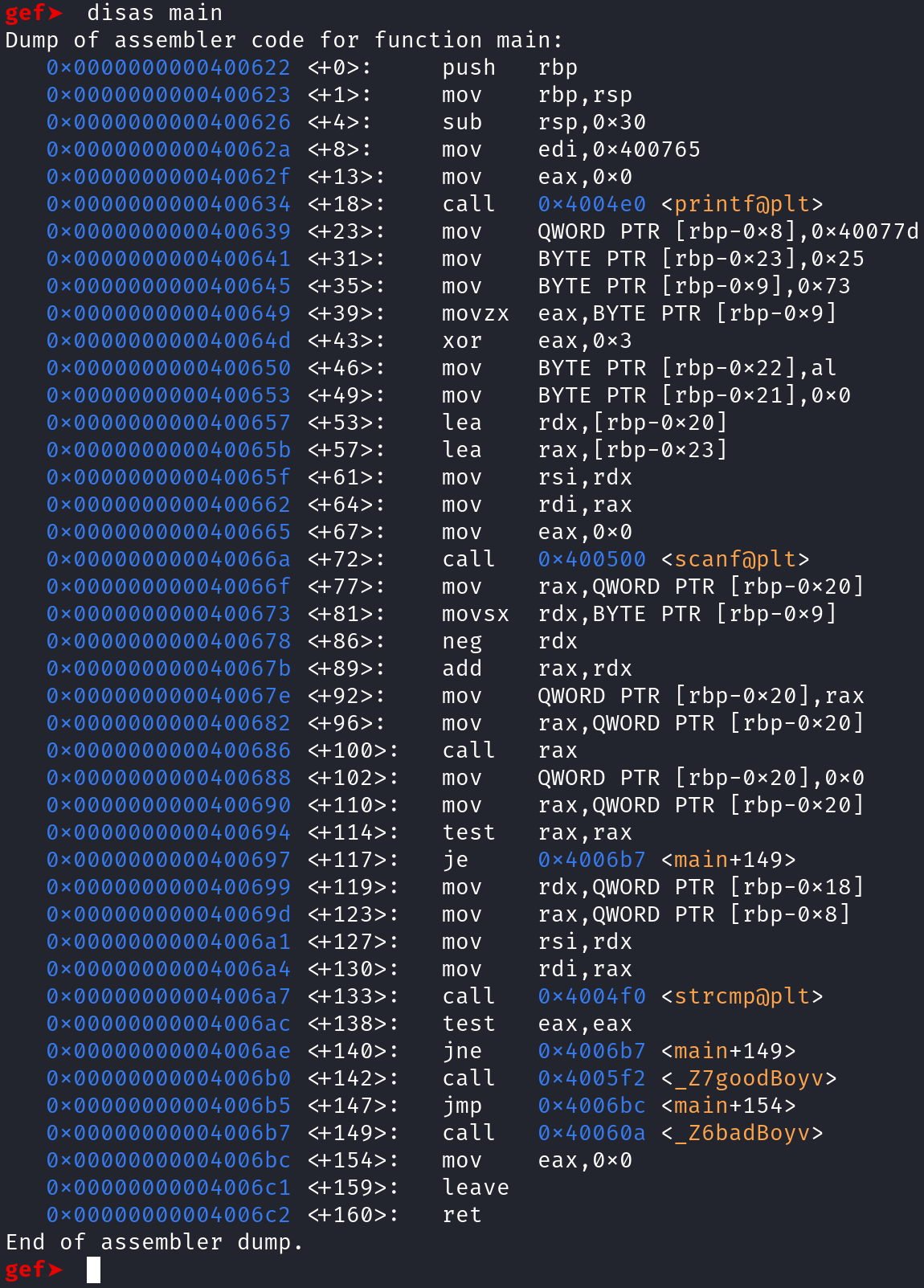 Using gdb to disassemble the main function