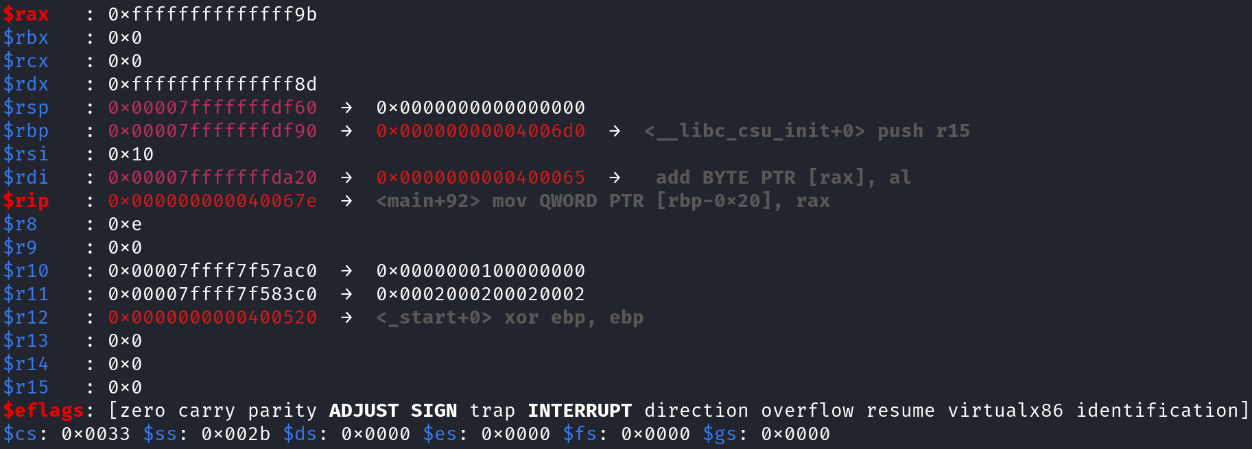 RAX after subtracting 0x73 is 0xffffffffffffffff9b