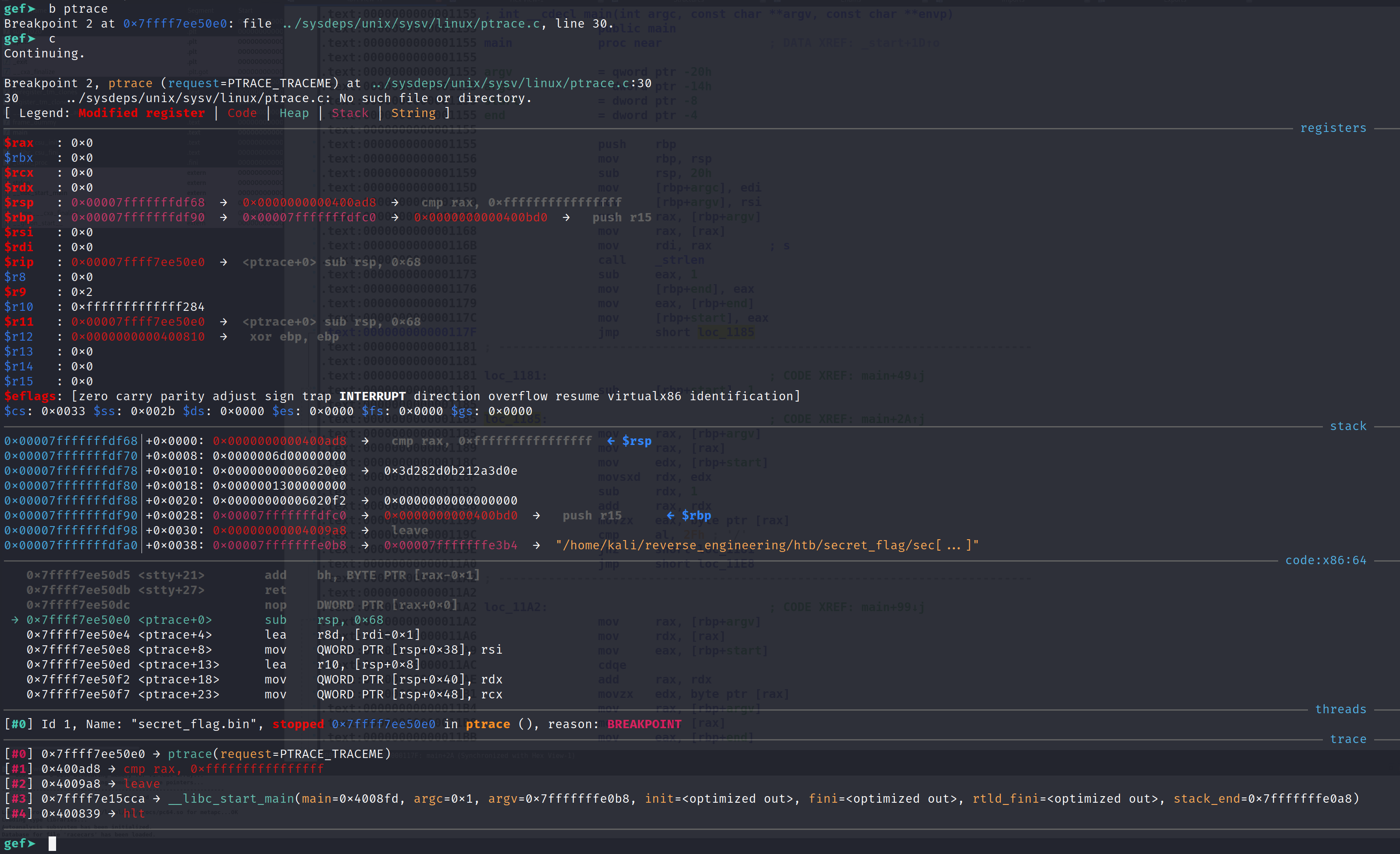 Breakpoint in the ptrace function