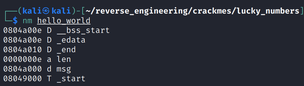 Symbols for a simple hello world program